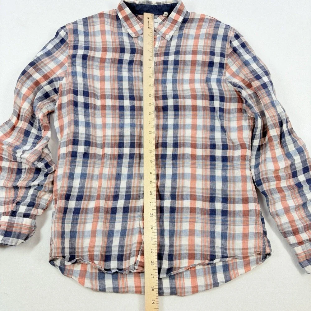 Baird McNutt Mens Linen Shirt Murano Slim Fit Blue Orange Plaid Button Up‎ Large